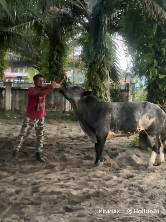 Tranquil Pastoral Scene: Cow and Person in Harmony – AI Generated Video | Hailuo AI
