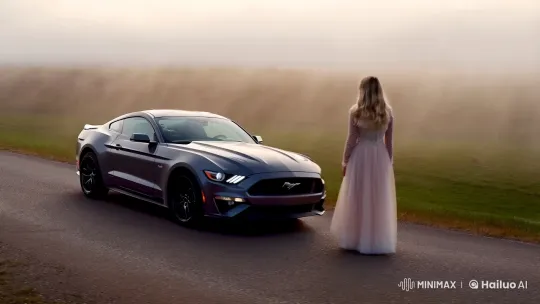 Evening Mist: Woman and Mustang GT 500 Harmony – AI Generated Video | Hailuo AI