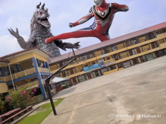 Superhero vs. Monster: Epic Aerial Battle in Schoolyard – AI Generated Video | Hailuo AI