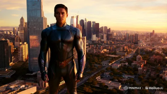 Hero Stands Tall Against Cityscape at Sunset – AI Generated Video | Hailuo AI