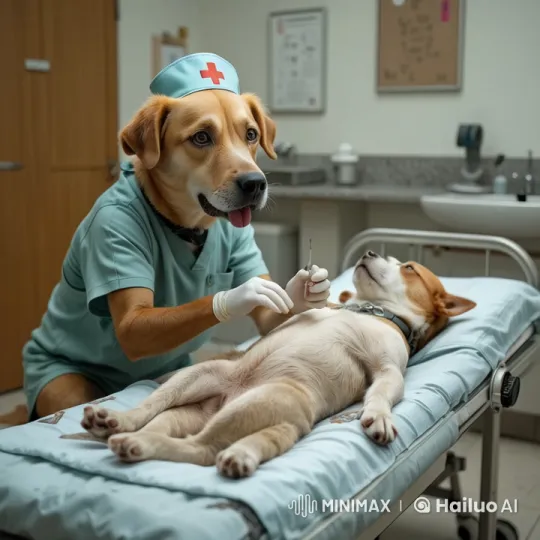 Nurse Dog Administers Injection to Sick Canine Companion – AI Generated Video | Hailuo AI