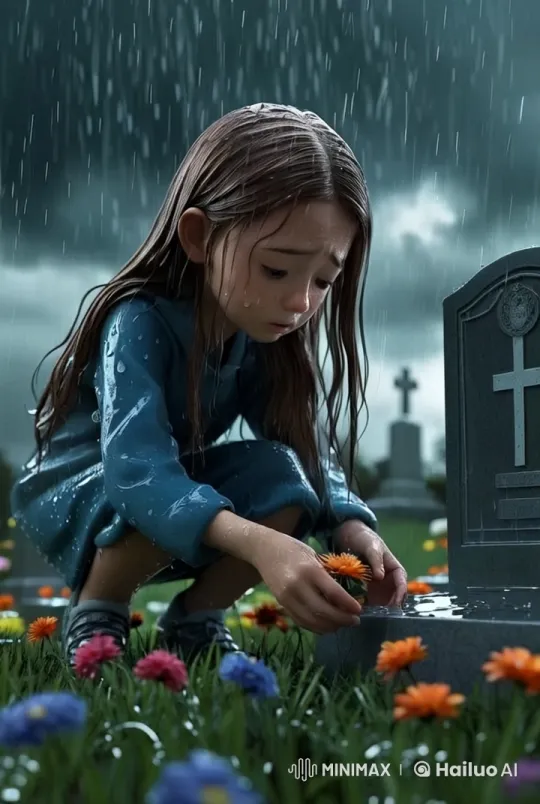 Sad Girl Scatters Flowers at Grave in Rainy Cemetery – AI Generated Video | Hailuo AI