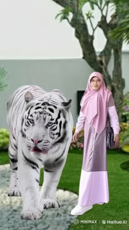 Woman and White Tiger Share Tender Embrace in Garden – AI Generated Video | Hailuo AI