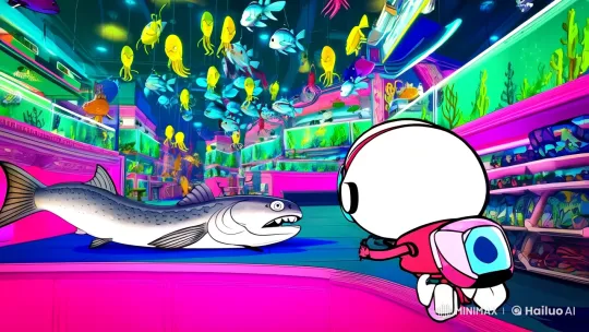 Surreal Cyberpunk Fish Shop Adventure Scene – AI Generated Video | Hailuo AI