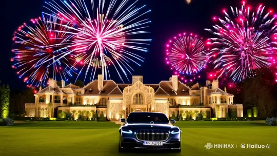 Luxury Car and Mansion Under Fireworks Display – AI Generated Video | Hailuo AI