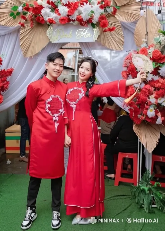 Live2D Video: Couple in Red Traditional Attire Perform Kungfu Under Flower Archway – AI Generated Video | Hailuo AI