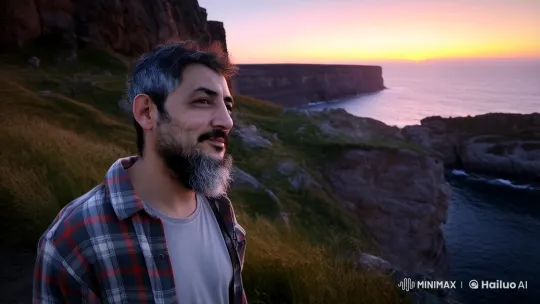 Contemplative Man Enjoying Sunset on Rocky Cliff – AI Generated Video | Hailuo AI