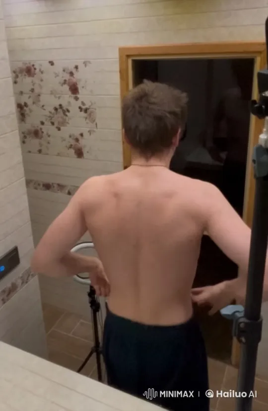 Shirtless Man Mimics Bird Flight in Static Bathroom – AI Generated Video | Hailuo AI