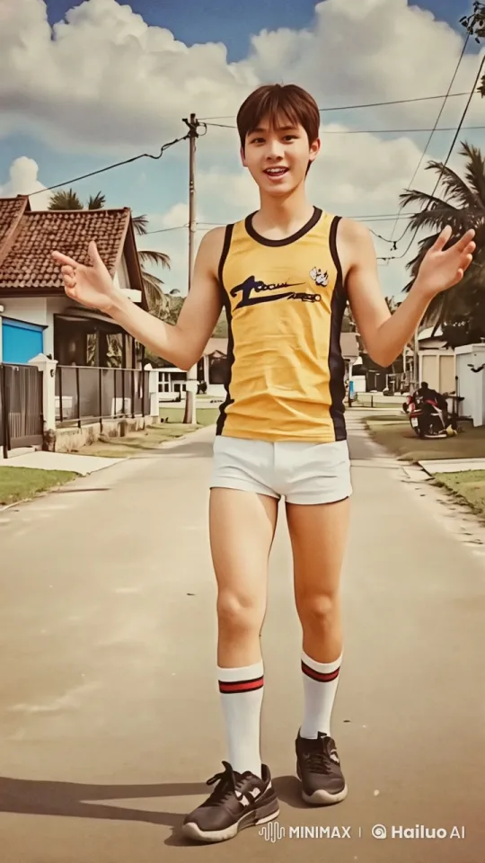 Energetic Man Reports Joyfully in Retro 80s Tropical Setting – AI Generated Video | Hailuo AI