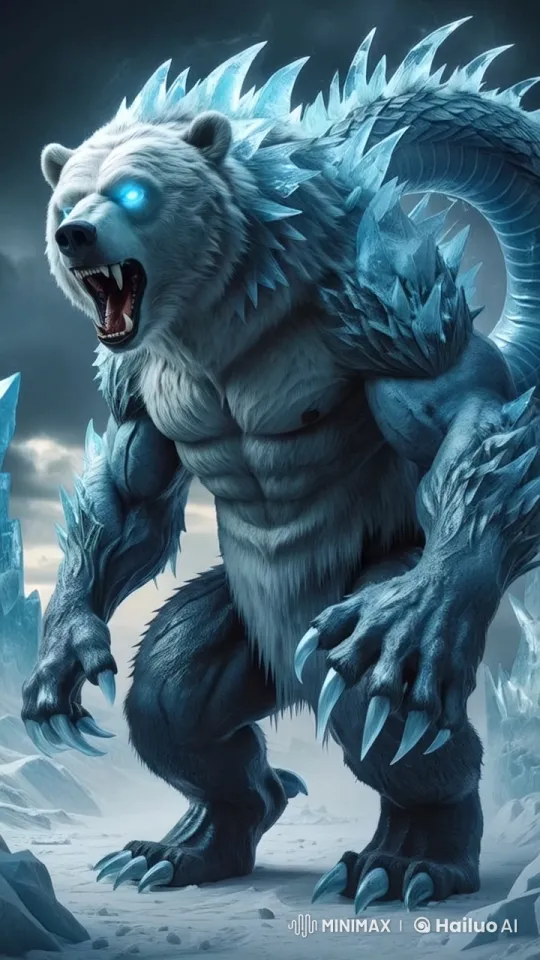 Frosty Fury: Slow Motion Advance of an Ice-Covered Polar Bear Creature – AI Generated Video | Hailuo AI