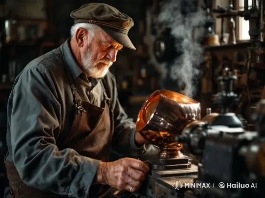 Elderly Turner Crafted Copper Vase in Historic Workshop – AI Generated Video | Hailuo AI