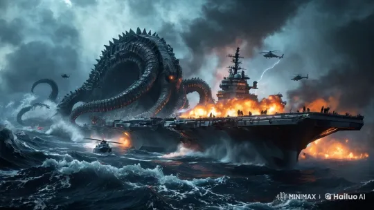 Stormy Sea Monster Attacks Burning Battleship – AI Generated Video | Hailuo AI