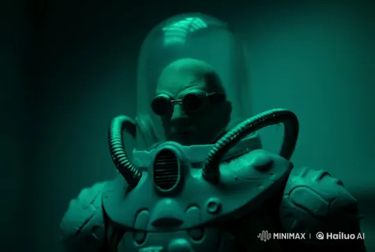 Futuristic Armored Figure in Snowy, Eerie Landscape – AI Generated Video | Hailuo AI