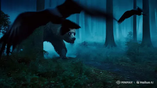 Undead Bear Terrorizes Moonlit Forest in Cinematic Scene – AI Generated Video | Hailuo AI