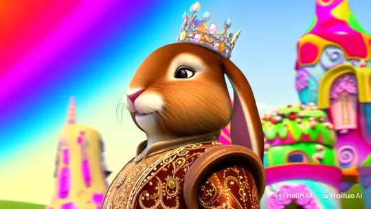 Majestic Rabbit Monarch in Candy Kingdom with Rainbow Sky – AI Generated Video | Hailuo AI
