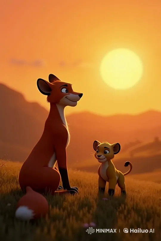 Fox and Lion Cub's Joyful Interaction in Serene Setting – AI Generated Video | Hailuo AI