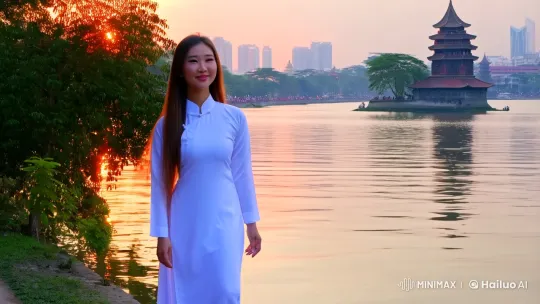 Elegant Woman in Ao Dai Strolls by Hoan Kiem Lake – AI Generated Video | Hailuo AI