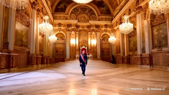 Prince Crosses Marble Hall to Throne in Opulent Palace – AI Generated Video | Hailuo AI