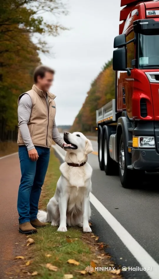 Person and Dog Bond by Red Scania Truck in Autumn – AI Generated Video | Hailuo AI