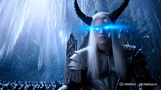 Enigmatic Leader on Throne Amidst Snowy Forest Army – AI Generated Video | Hailuo AI