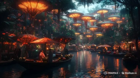 Futuristic Floating Market with Exotic Fruits and Lush Greenery – AI Generated Video | Hailuo AI