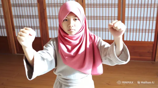 Young Girl in Pink Hijab Shows Martial Arts Mastery – AI Generated Video | Hailuo AI