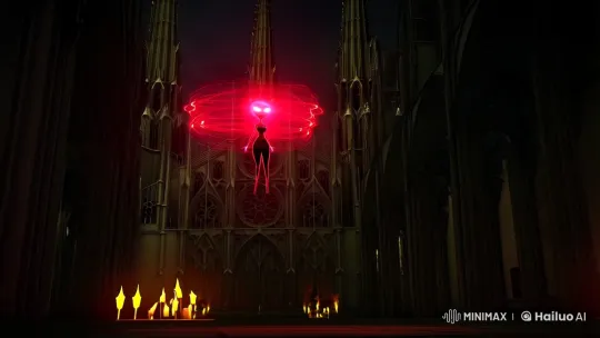 Gothic Cathedral: Mysterious Figure in Red Energy Halo – AI Generated Video | Hailuo AI