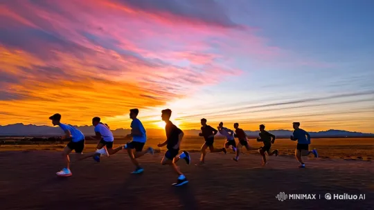 Runners Sprinting into a Sunset Landscape – AI Generated Video | Hailuo AI