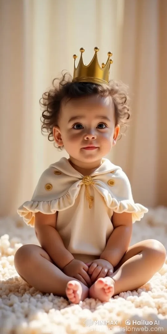 Chubby Toddler in Royal Onesie Waves Gently – AI Generated Video | Hailuo AI