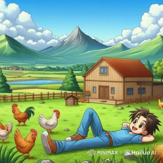 Peaceful Pastoral Scene with Young Boy and Chickens – AI Generated Video | Hailuo AI