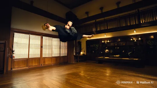 Martial Artist's Powerful Jump Kick in Dojo – AI Generated Video | Hailuo AI