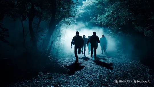Men Flee Through Haunted Forest in Slow Motion – AI Generated Video | Hailuo AI