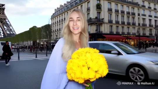 Blonde Woman Strolls Paris with Flowers, Eiffel Tower in Background – AI Generated Video | Hailuo AI