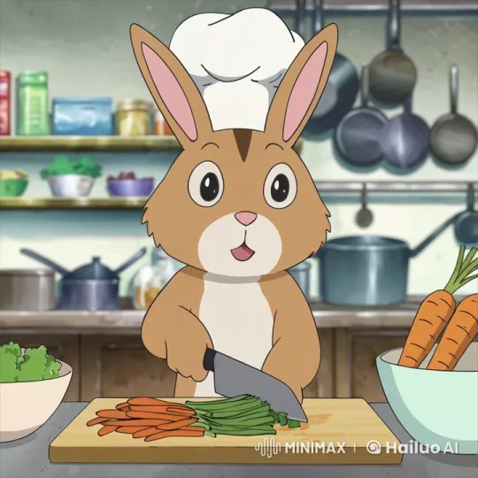Bunny Chef Enthusiastically Chops Vegetables in a Cozy Kitchen – AI Generated Video | Hailuo AI