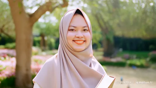 Serene Garden: A Young Woman in Hijab Connects with Nature – AI Generated Video | Hailuo AI