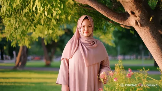 Tranquil Park Scene with Serene Woman in Hijab – AI Generated Video | Hailuo AI