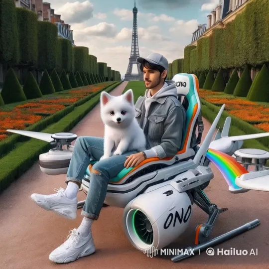 Futuristic Drone Chair Flight with Dog in Paris Park – AI Generated Video | Hailuo AI