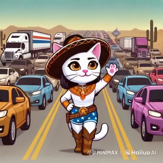 Animated Cat Strolls Cheerfully on Desert Highway – AI Generated Video | Hailuo AI