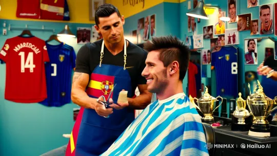 Ronaldo and Messi: Rivalry Meets Barber Shop Comedy – AI Generated Video | Hailuo AI