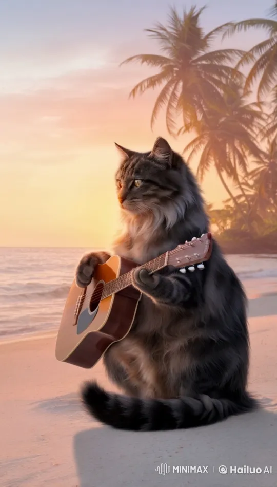 Fluffy Cat Serenades Sunset on Sandy Beach – AI Generated Video | Hailuo AI