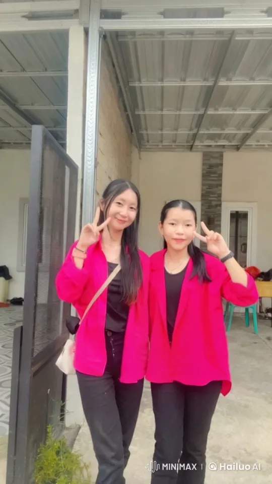 Two Women Pose in Matching Red Jackets – AI Generated Video | Hailuo AI