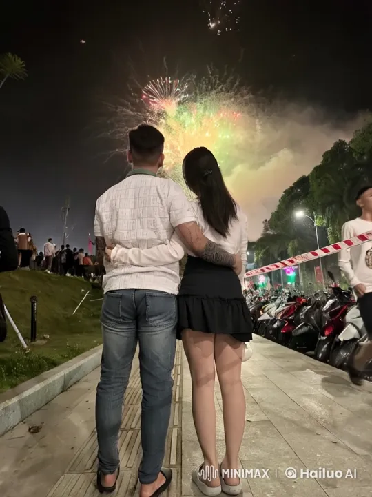 Couple Showcases Martial Arts Amidst Fireworks Celebration – AI Generated Video | Hailuo AI