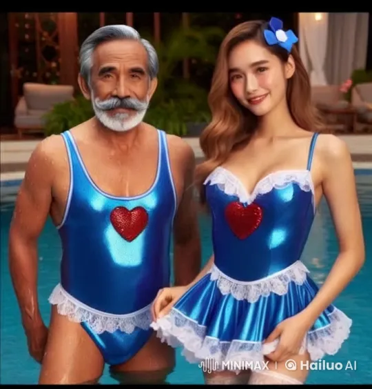 Couple in Matching Swimsuits Embrace in Lit Poolside Scene – AI Generated Video | Hailuo AI