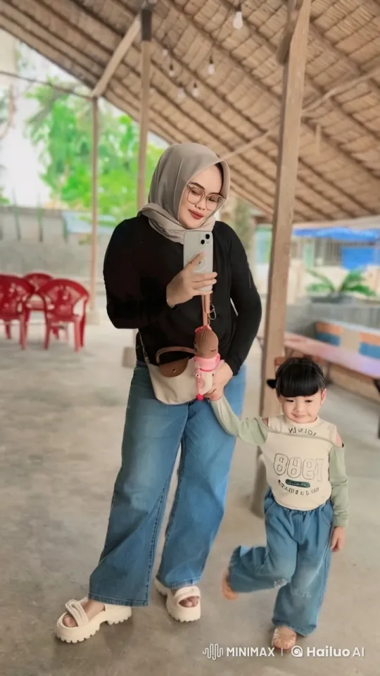 Mother and Child Enjoying a Kung Fu Pose Under a Thatched Roof – AI Generated Video | Hailuo AI