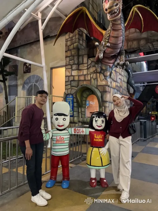 Couple Practicing Kungfu with Dragon Decor at Theme Park – AI Generated Video | Hailuo AI