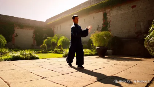 Masterful Kungfu Jump Kick in Tranquil Courtyard – AI Generated Video | Hailuo AI
