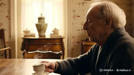 Vintage Room: Old Man Sips Coffee in Serenity – AI Generated Video | Hailuo AI