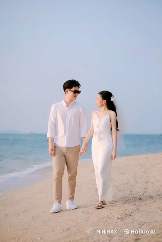 Wedding Couple's Martial Arts Display on the Beach – AI Generated Video | Hailuo AI