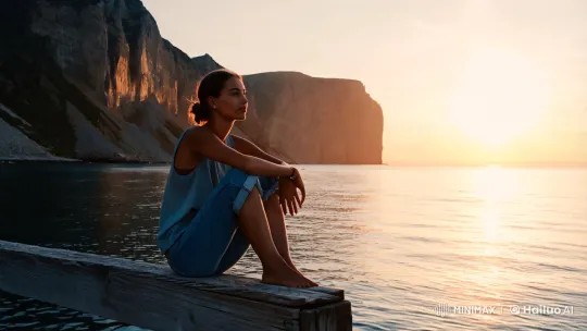 Contemplative Young Woman on Pier at Sunset – AI Generated Video | Hailuo AI