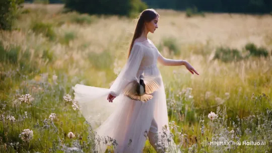 Dancer and Bird in Serene Meadow Ballet – AI Generated Video | Hailuo AI